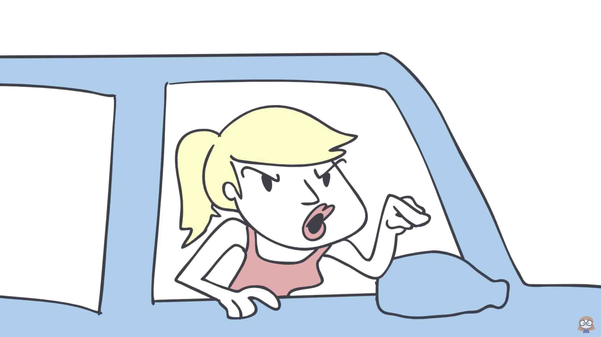 cartoon version of an angry blonde lady in an SUV