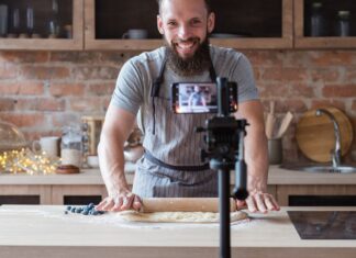 Instructional videos: Designing concise content chef in the kitchen addressing the camera while making an instructional video