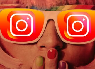 What are Instagram creators doing in 2022? Close-up image of woman's face with bright orange sunglasses with Instagram logo on each lens.