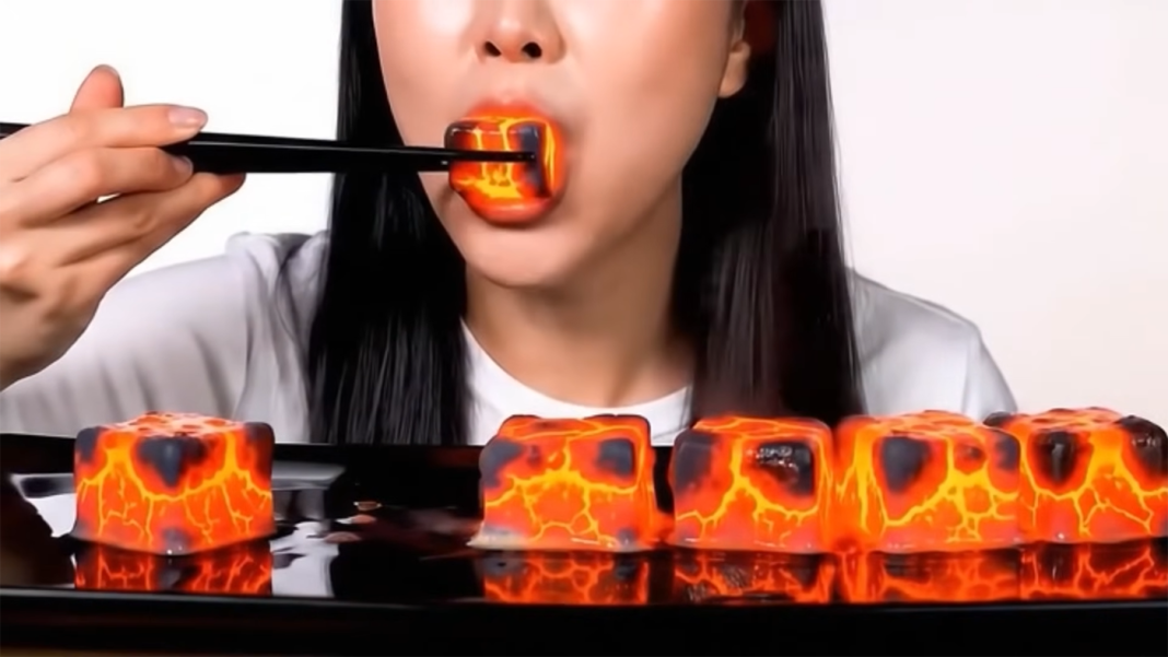 1 Hour of Satisfying AI ASMR Eating Lava Food! - AI ASMR Lava Eating Compilation 7-51 screenshot AI ASMR screenshot of a woman eating lava sushi