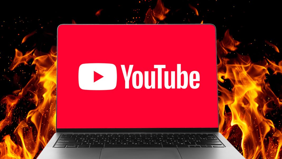 YouTube laptop fire YouTube high RAM usag with fire around the laptop display YouTube logo
