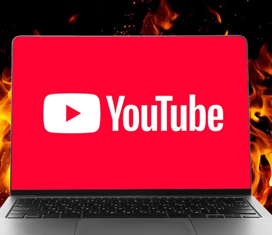 YouTube bug sends browser RAM usage soaring YouTube high RAM usag with fire around the laptop display YouTube logo